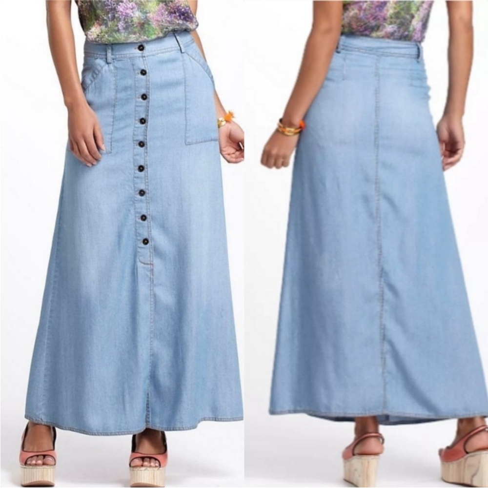 Anthropologie Holding Horses Chambray Denim Button Front Maxi Skirt Size 2